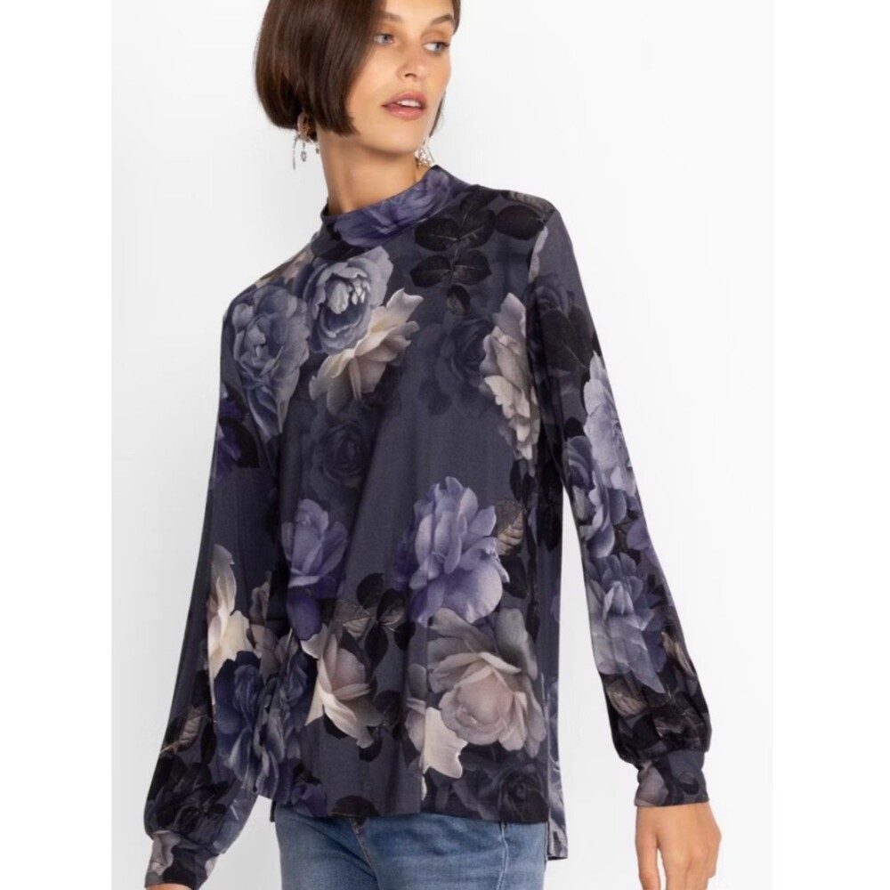 Johnny Was Janie Favorite Grey Peony Puff Sleeve Mock Neck Top Size XXS Floral - Picture 3 of 8